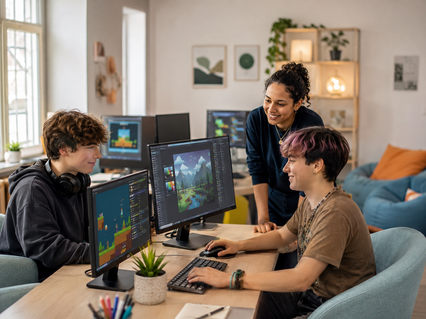 Two young people at a desk with monitors showing pixel-art games and creative software, joined by a friendly mentor.