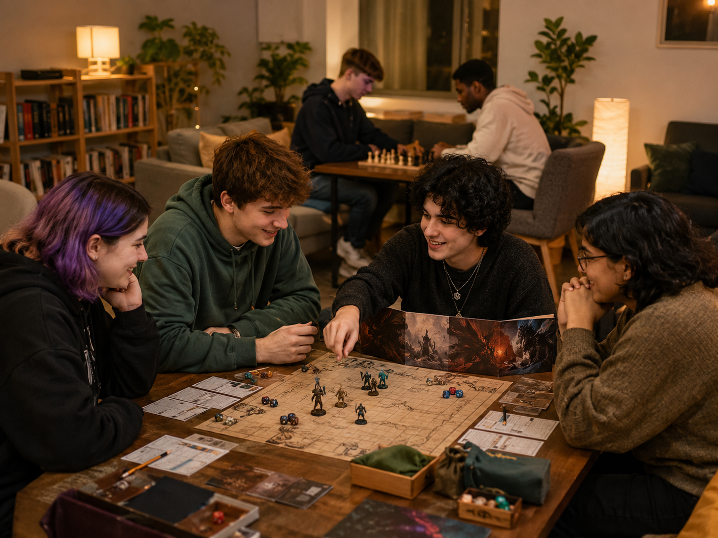 Four friends laughing around a Dungeons & Dragons board in a warmly lit lounge, with a chess game in the background.