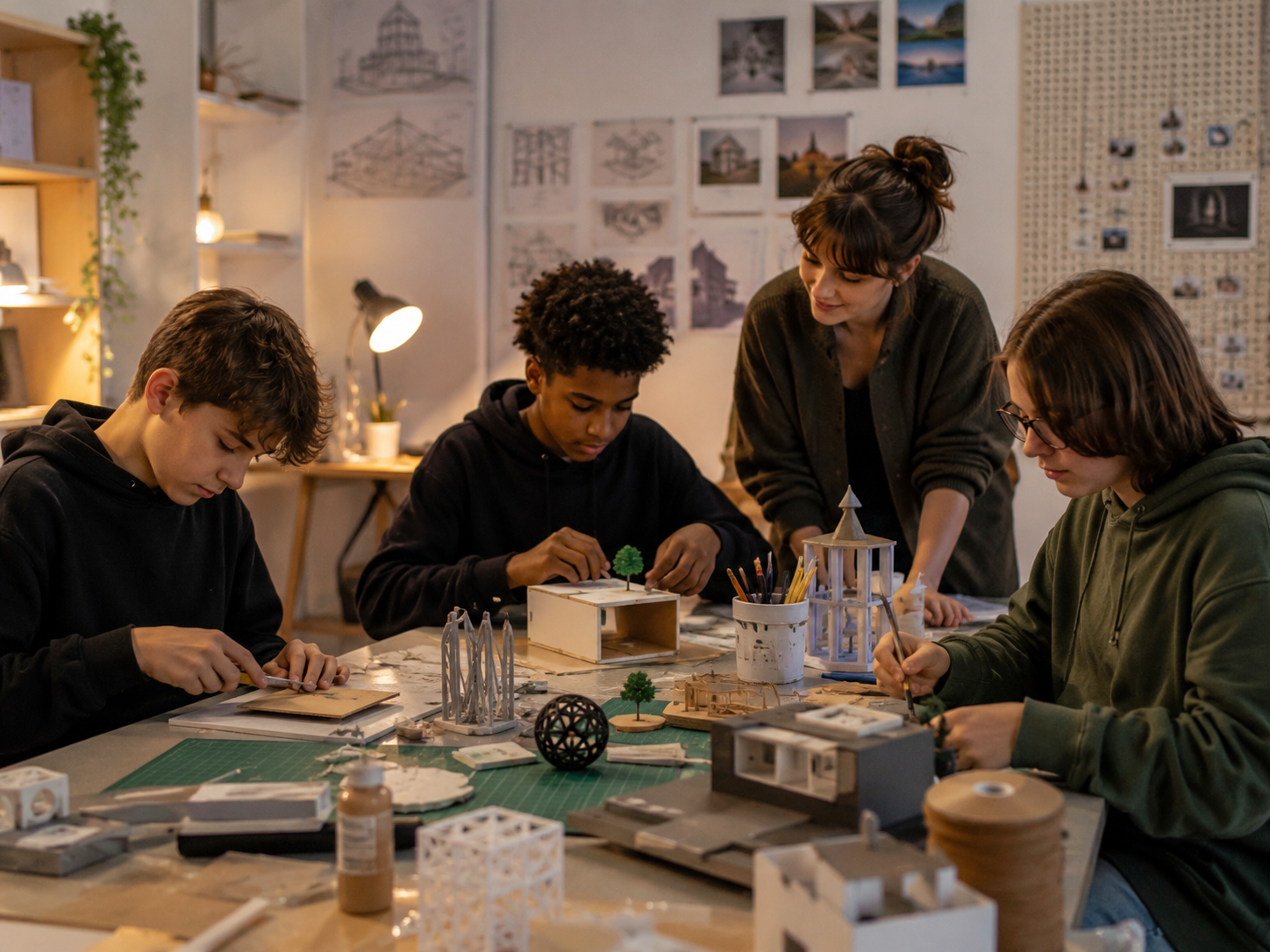 Young people building small architectural models at a workshop table with a mentor helping.