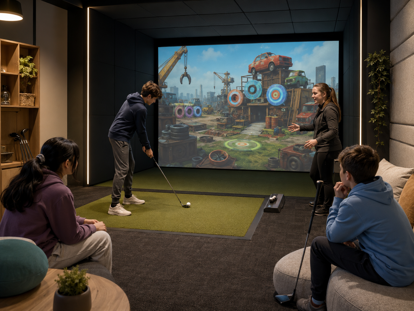Young person taking a swing in an indoor golf simulator lounge while friends watch from soft seating.