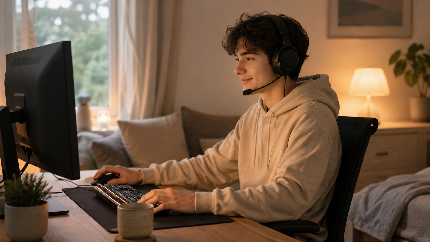 A young person taking part from home, wearing headphones at a desk in a calm, softly lit room.