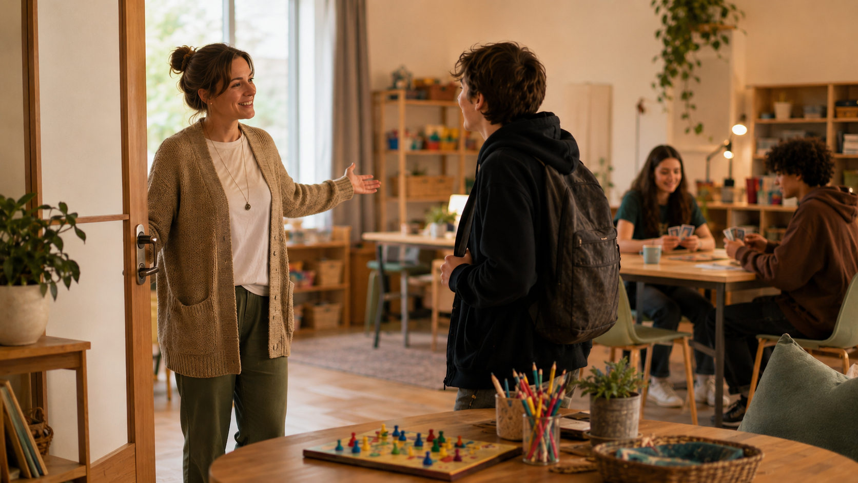 A warm welcome at The Manor Hub — a young person arriving and being greeted in a calm, inclusive activity space